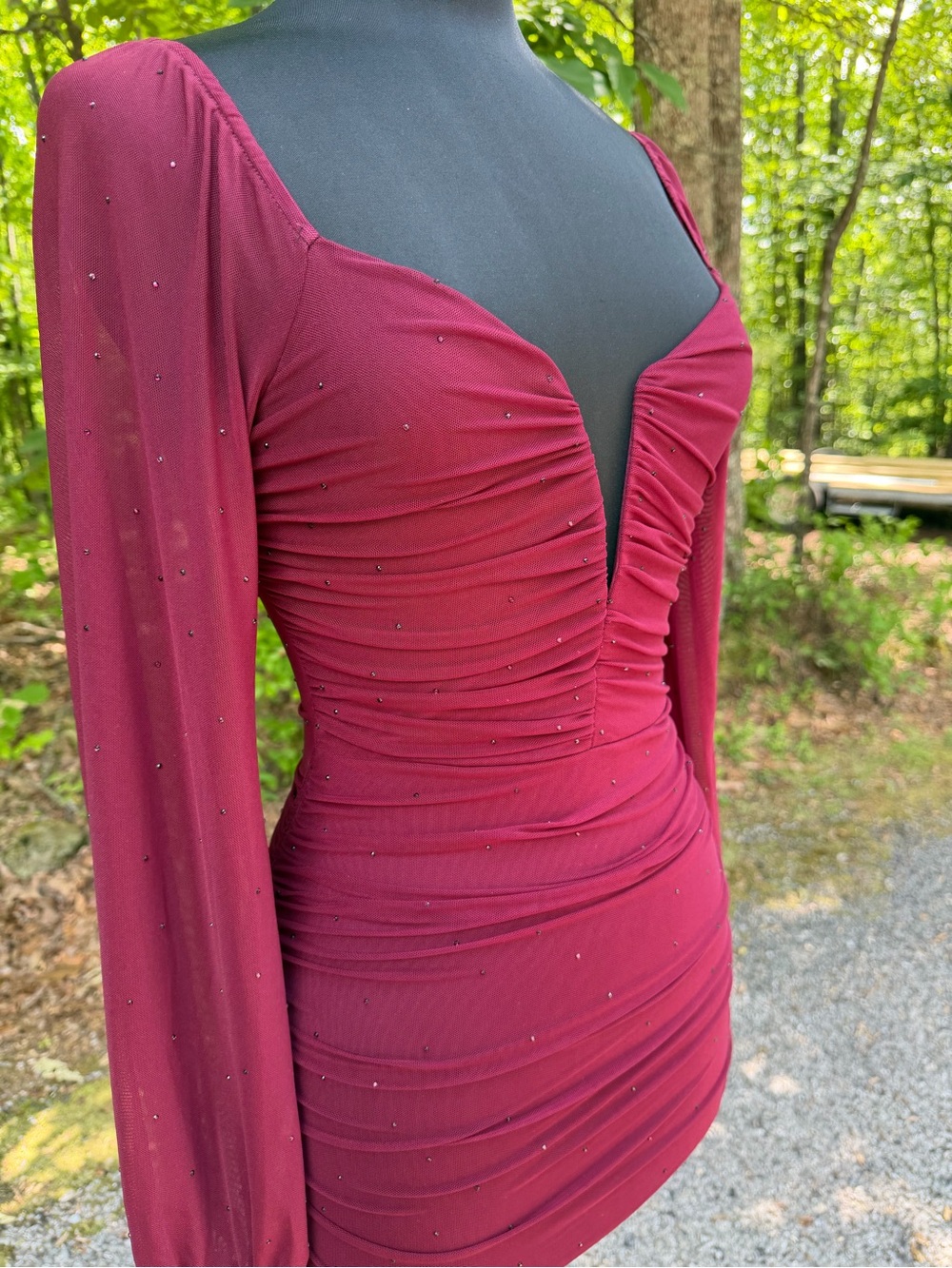 privy Burgundy Ruched Long-Sleeve Mini Dress with Subtle Crystal Accents